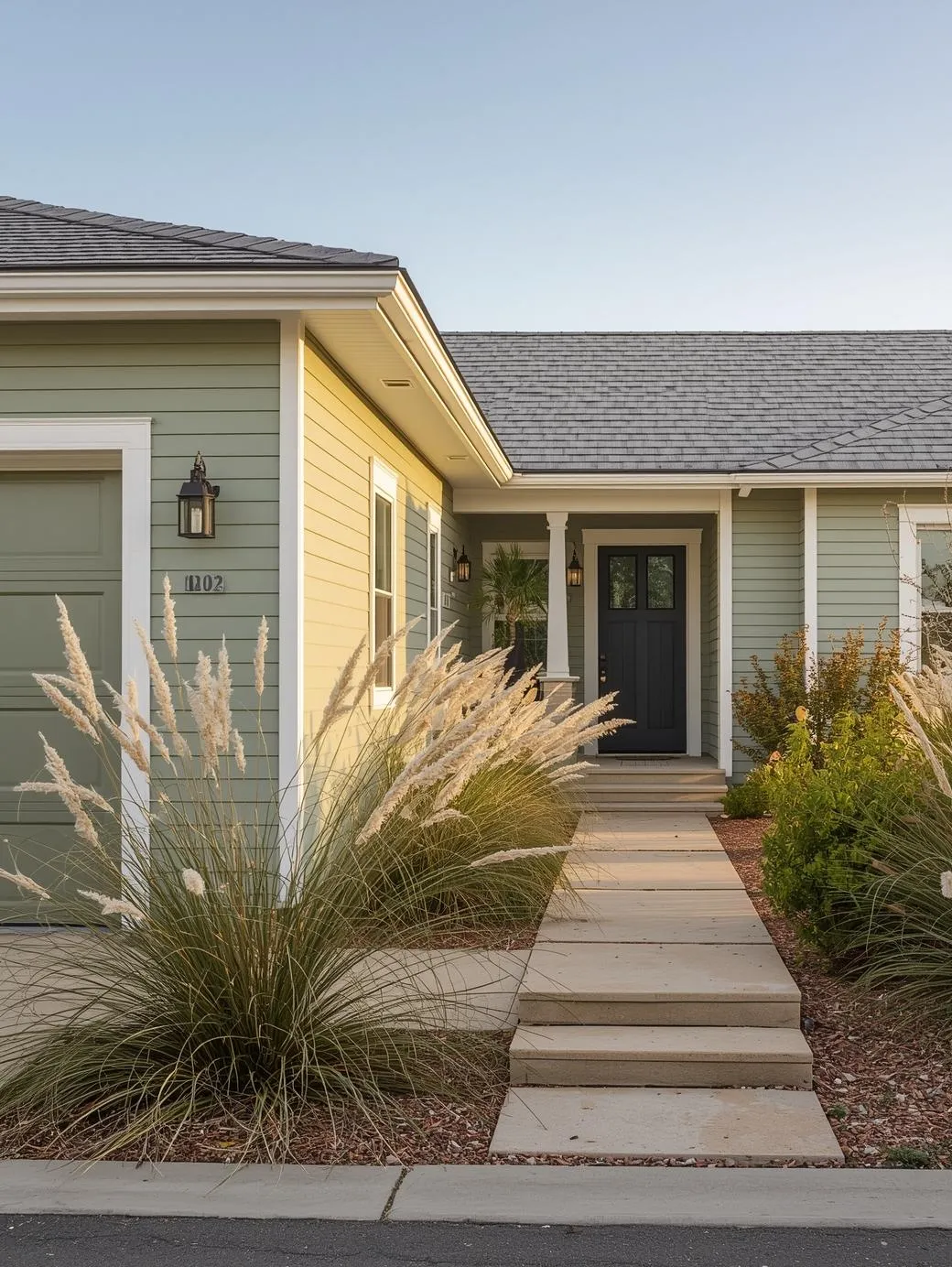 Coastal-inspired-ranch-exterior-with-soft-sage-green-siding-crisp-white