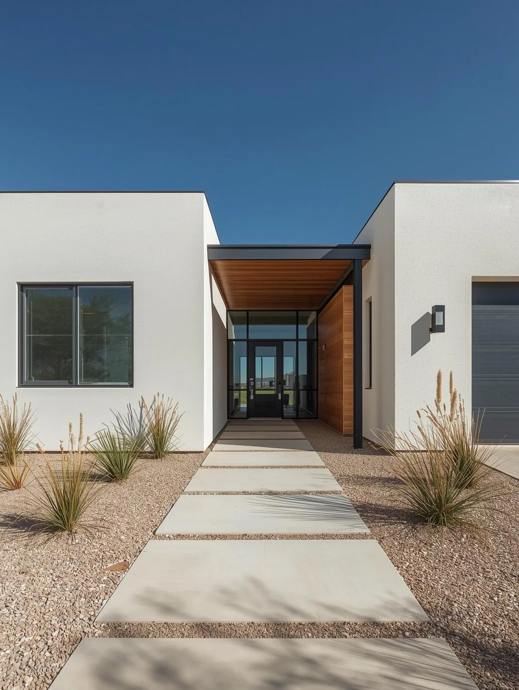 Contemporary-suburban-ranch-home-exterior-flat-roof-smooth-white-stucco-