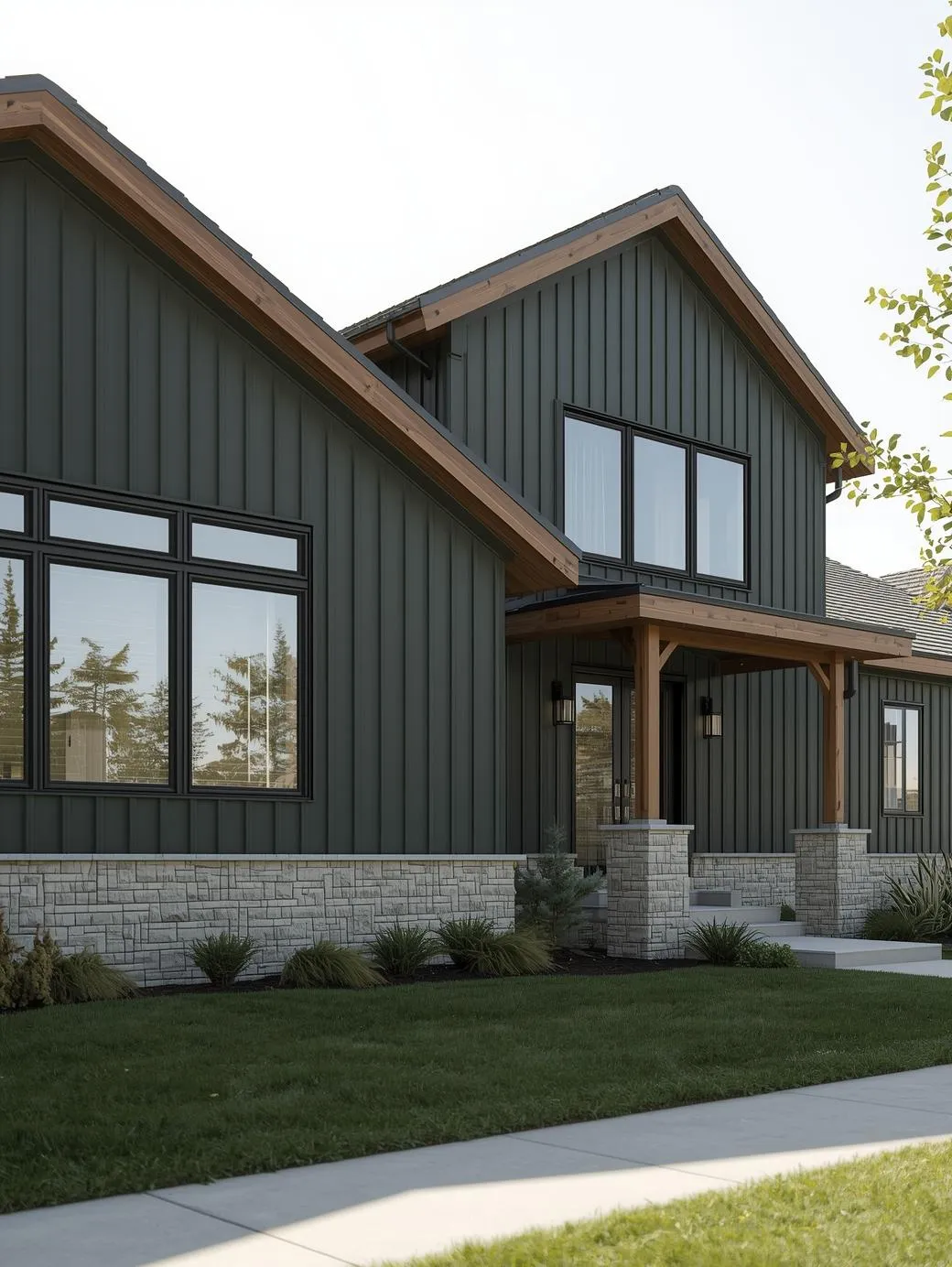 Organic-modern-suburban-home-exterior-dark-green