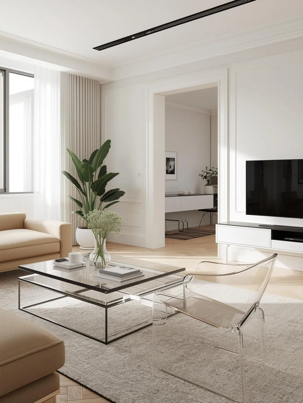 Contemporary-small-living-room-with-glass-coffee-table-and-acrylic