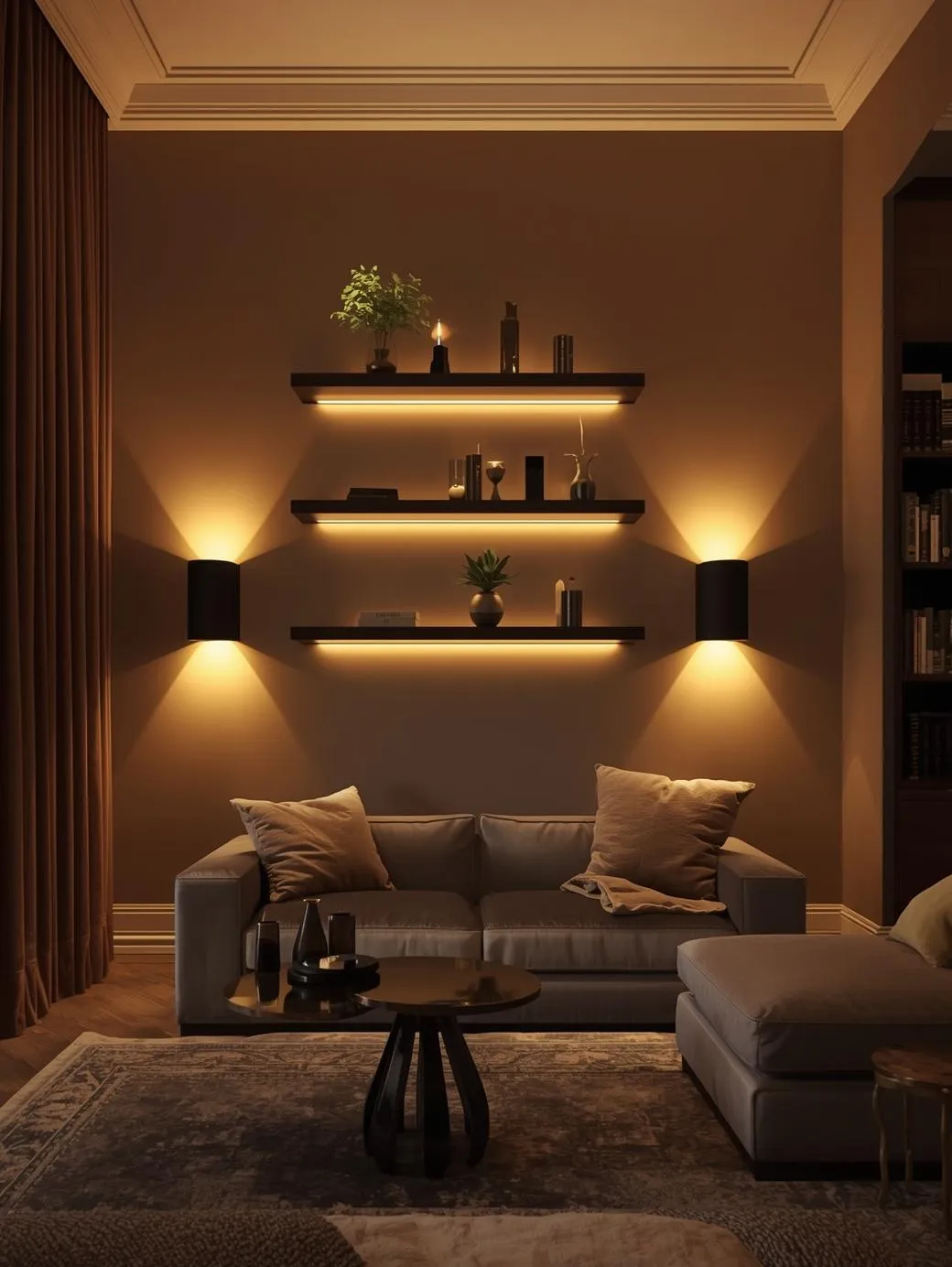 Cozy-compact-living-room-with-layered-lighting-warm-LED-shelves
