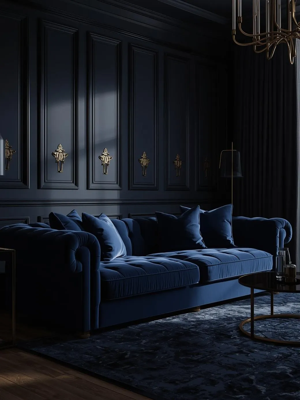 Dark-feminine-apartment-living-room-midnight-blue-velvet-sofa