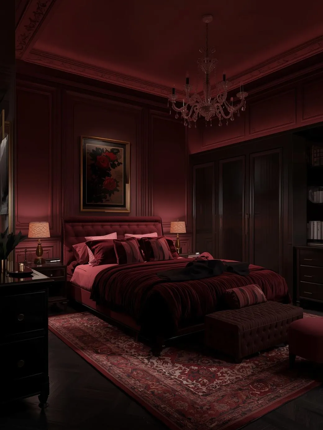Luxury-burgundy-bedroom-interior-dark-wood-furniture-feminine-moody-aesthetic