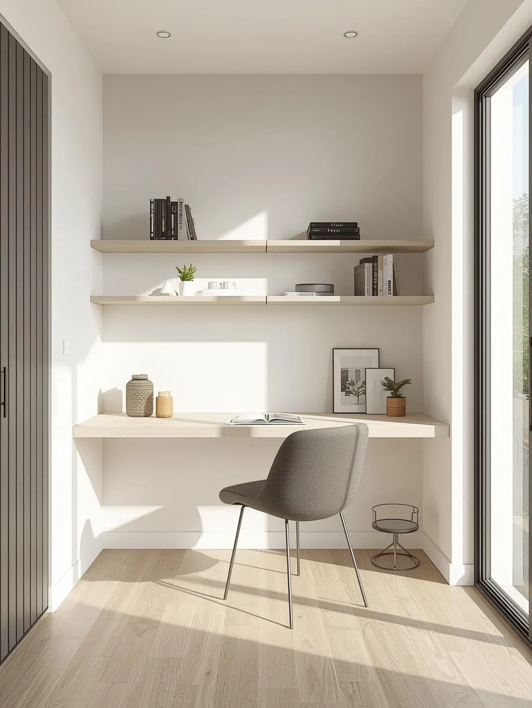Minimalist-small-apartment-with-floating-shelves-and-wall-mounted