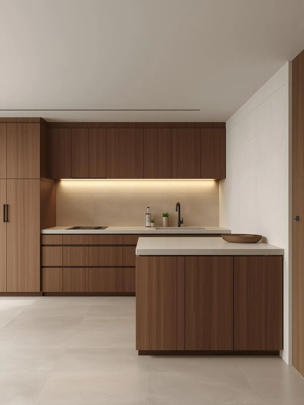 Minimalist-studio-kitchen-warm-walnut-flat-front-cabinets-