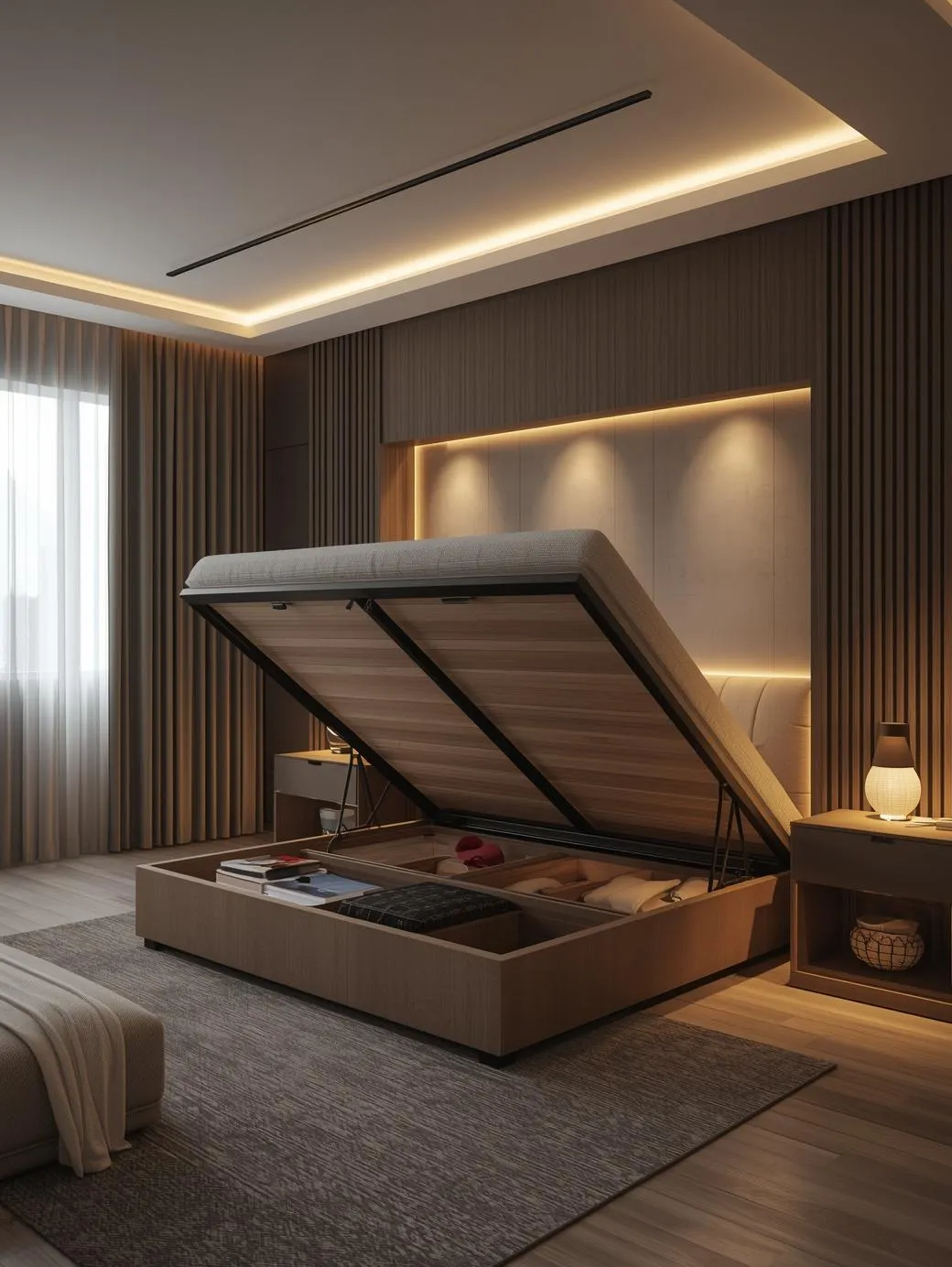 Modern-bedroom-with-lift-up-storage-bed-revealing-hidden-compartments