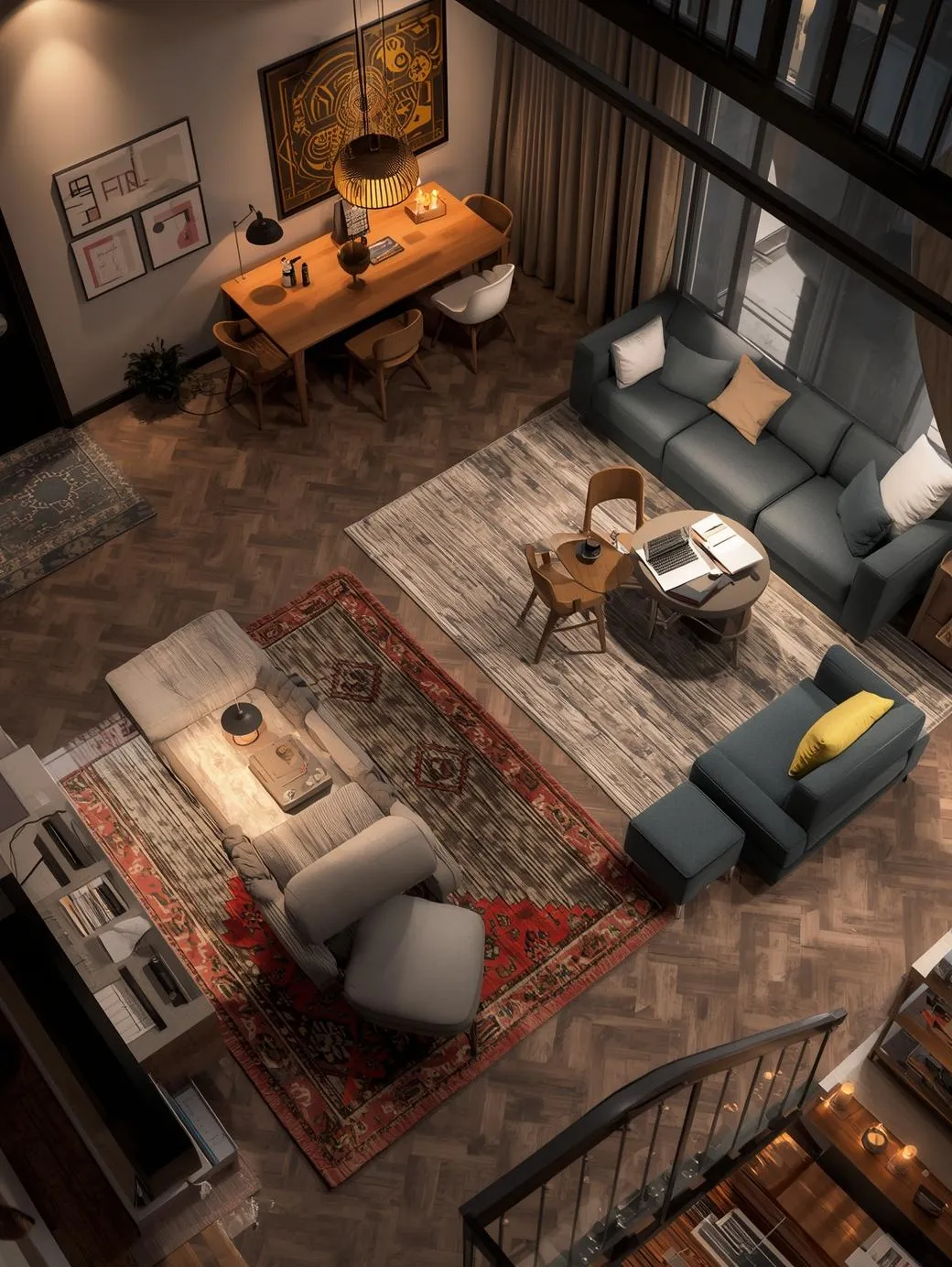 Modern-open-plan-studio-apartment-with-rug-zoning-living-and-dining