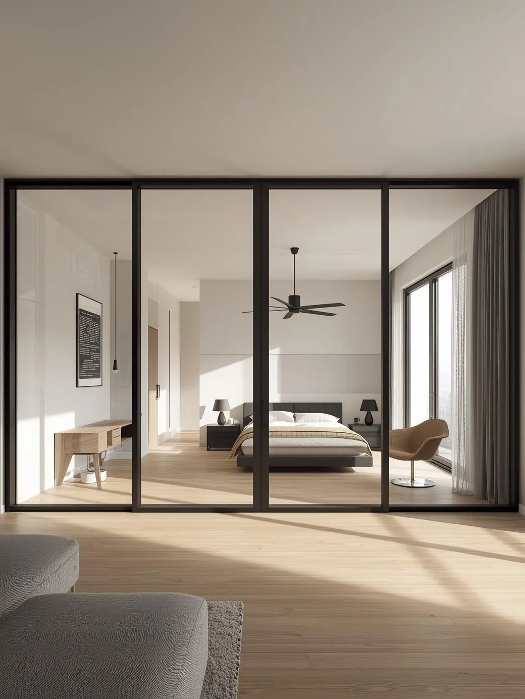 Modern-studio-apartment-with-sliding-glass-doors-separating