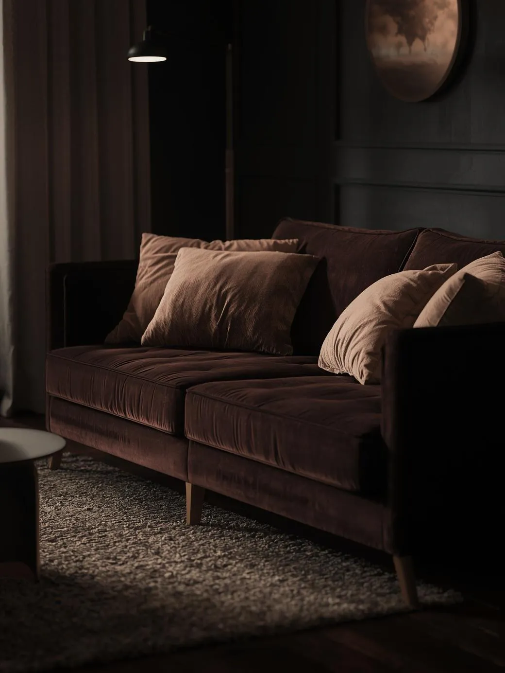 Moody-apartment-living-room-with-layered-textures-velvet-sofa-linen