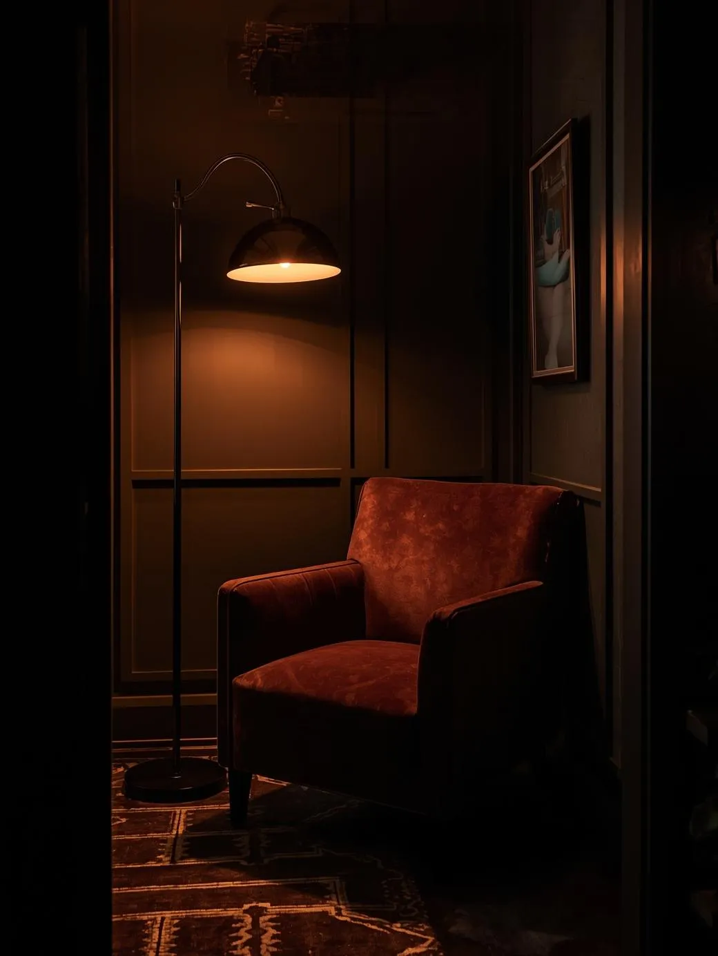 Moody-apartment-reading-nook-velvet-armchair-dramatic-floor
