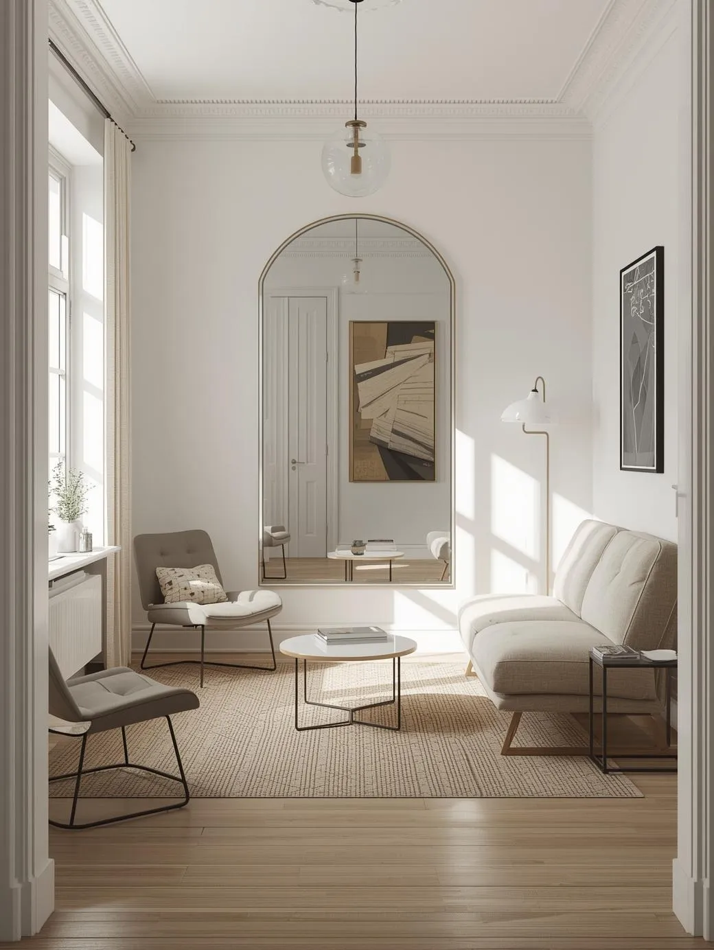 Small-modern-living-room-with-large-wall-mirror-reflecting-sunlight