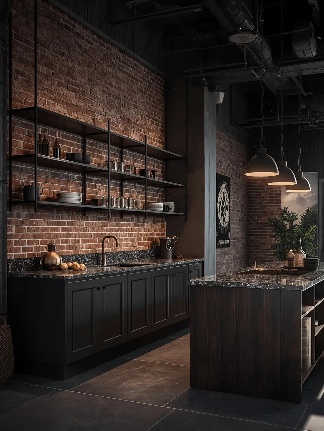 Urban-loft-kitchen-with-exposed-brick-wall-charcoal