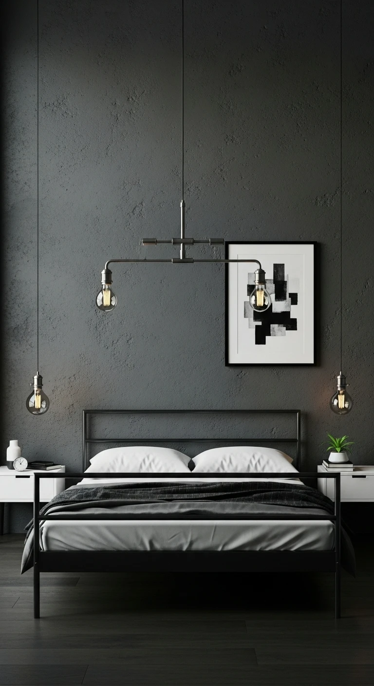 Urban_black_bedroom_with_concrete_wall_tex